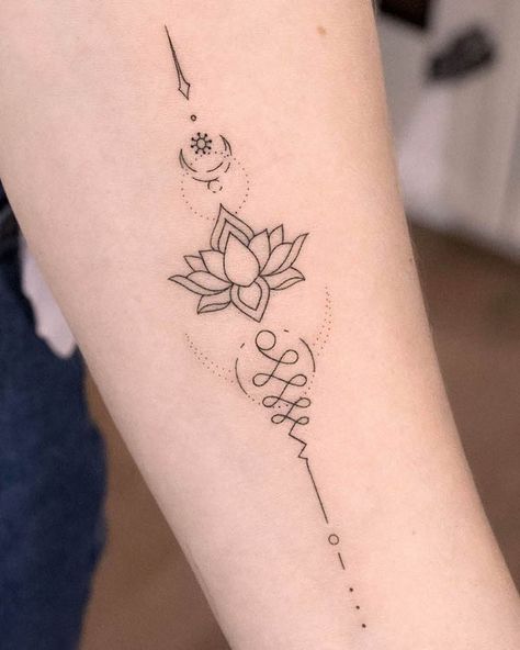 Tiny Lotus Tattoos For Women, Lotus Unalome Tattoo Back, Lotus Spiritual Tattoo, Lotus Flower Sun Tattoo, Spiritual Tattoos And Meanings, Unalome Tattoo Female Design Arm, Tattoo Ideas Female Lotus Flower, Fine Line Unalome Tattoo, Lotus Design Tattoo