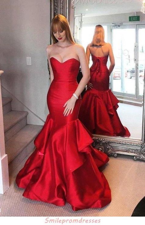 Red Mermaid Prom Dress, Red Mermaid, Mermaid Sweetheart, Strapless Prom Dress, Strapless Prom Dresses, Prom Dresses Sleeveless, School Looks, Satin Prom Dress, Mermaid Evening Dresses