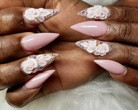 3d Flower Nails Stiletto, Flower Stiletto Nails, Pink Shimmer Nails, 3d Flower Nails, Sculpted Nails, Nail Shimmer, Pink Gel, Pointed Nails, 3d Flowers