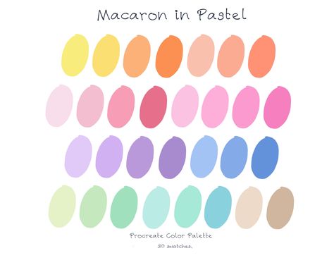 "MACARON IN PASTEL Color Palette This palette is inspired by \"MACARON\" Procreate color palettes are very convenient for graphic design work. It will help you to choose the right color for the job without spending a lot of time, I have created this color scheme from what some really interesting things to bring to you. So that you can use it to create work as you imagine. You will receive * Procreate swatches Palette File. [Must be used with Procreate app on ipad] Download and open it up in Proc Procreate Swatches, Procreate Color Palettes, Color Palette Procreate, Graphic Design Work, Pastel Color Palette, Hex Color Palette, Hex Codes, Pastel Colour Palette, Pastel Palette