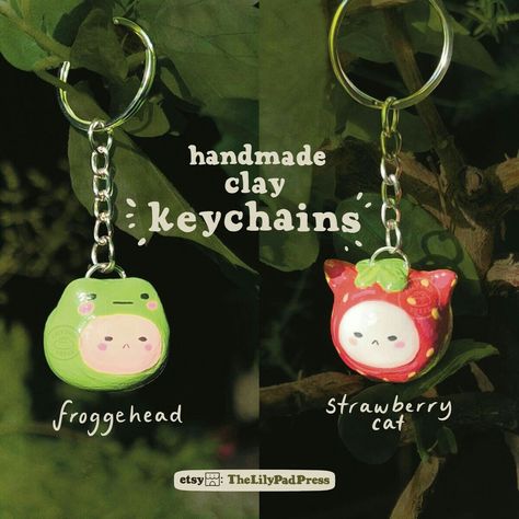 Polymer Clay Keychains, Cat Clay, Strawberry Cat, Images Hello Kitty, Animal Accessories, Clay Keychain, Sculpture Art Clay, Clay Diy Projects, Clay Crafts Air Dry