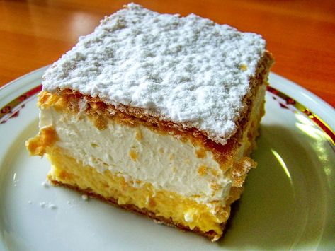 Serbian Custard Slice (Krem Pita) Recipe Slovenian Recipes, Gram Cracker, Slovenian Food, Custard Slice, Pita Recipes, Custard Desserts, Croatian Recipes, Special Desserts, Slices Recipes