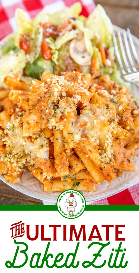 Alfredo Ziti Bake, Leftover Ziti Ideas, Olive Garden Baked Ziti Recipe, Plain Chicken Recipes, Easy Baked Ziti No Meat, Cheap Baked Ziti, Authentic Baked Ziti Recipe, Healthier Baked Ziti, Baked Ziti With Ricotta