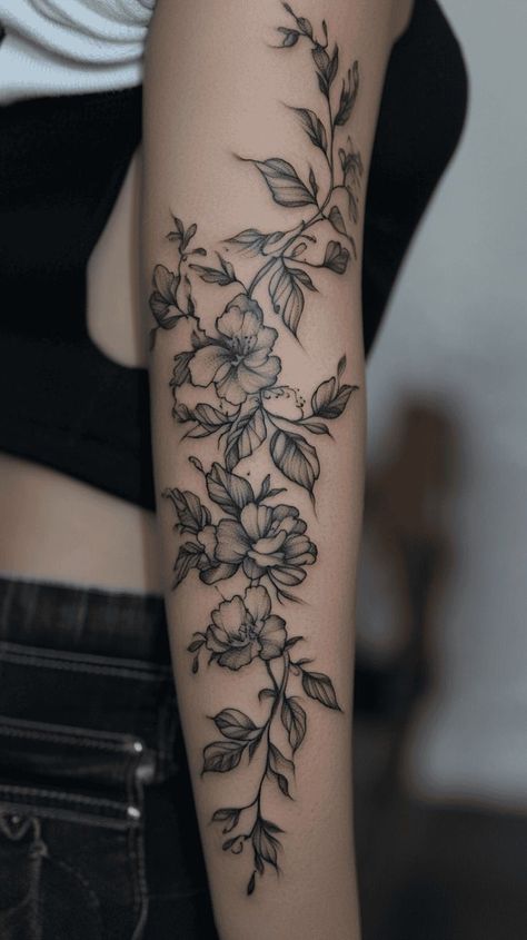 Nature Arm Tattoos For Women, Full Sleeve Floral Tattoos Women, Women’s Shoulder And Arm Tattoos, Traditional Arm Tattoos For Women, Floral Blackout Tattoo, Feminine Arm Tattoos For Women, Flower Cuff Tattoo, Dainty Tattoo Sleeve, Forearm Tattoo Placement