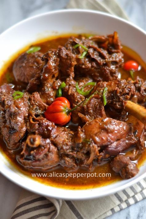 Brown Stewed Chicken - Alicas Pepperpot Guyanese Recipes, Stewed Chicken, Brown Stew Chicken, Stew Chicken, Carribean Food, Oxtail Recipes, Jamaican Cuisine, Trini Food, Jamaican Dishes