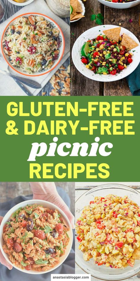 If you are on a gluten and dairy-free diet, deciding what foods to pack or eat at a picnic can be a little tricky. I have here 15 healthy gluten-free and dairy-free picnic recipes everyone will love! #picnicrecipes #healthyrecipes Vegan Gluten Free Picnic Food, Gluten Free Dairy Free Salads Recipes, Picnic Food Ideas Gluten And Dairy Free, Gluten Dairy Corn Free Recipes, Healthy Dairy Free Lunch Ideas, Pasta Salad Recipes Gluten Free Dairy Free, Df Gf Side Dishes, Dairy Free Meals For A Crowd, Gluten Free Dairy Free Picnic Food