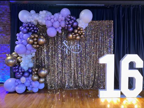 Sweet 16 balloon decor! Purple, white and gold balloons!🎈✨ Purple Black And Gold Sweet 16, Purple Gold Sweet 16, 16 Birthday Party Ideas Purple And Silver, Purple And Yellow Sweet 16, Purple Candy Table Ideas, Dark Purple Sweet 16 Decorations, Royal Purple Sweet 16, Sweet 16 Purple And Blue Theme, Lavender And Gold Sweet 16