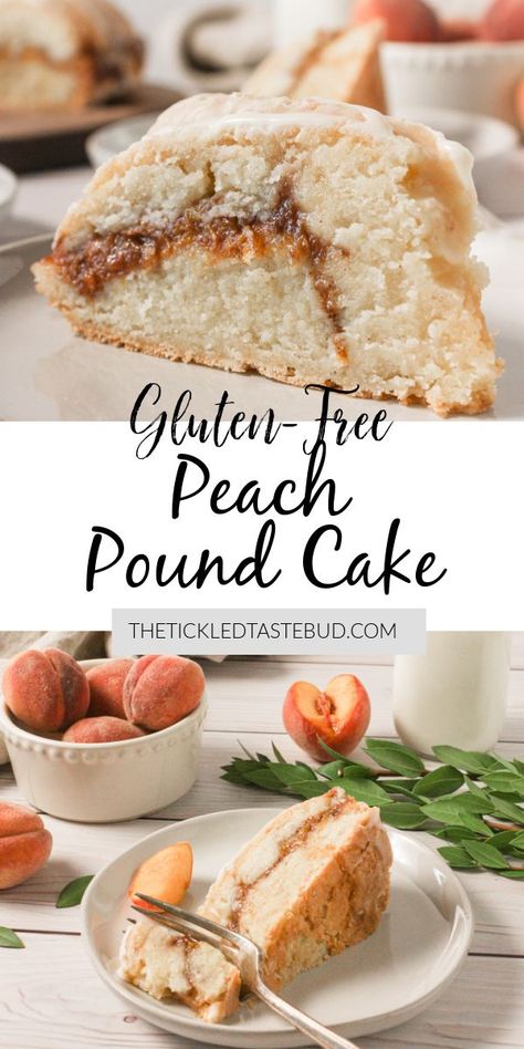 Gluten-free peach pound cake. Peach Desserts Gluten Free Dairy Free, Dairy Free Gluten Free Dessert, Dessert Peaches, Peach Pound Cake, Gluten Free Pound Cake, Dairy Free Deserts, Peach Cake Recipes, Brown Sugar Peaches, Peach Filling