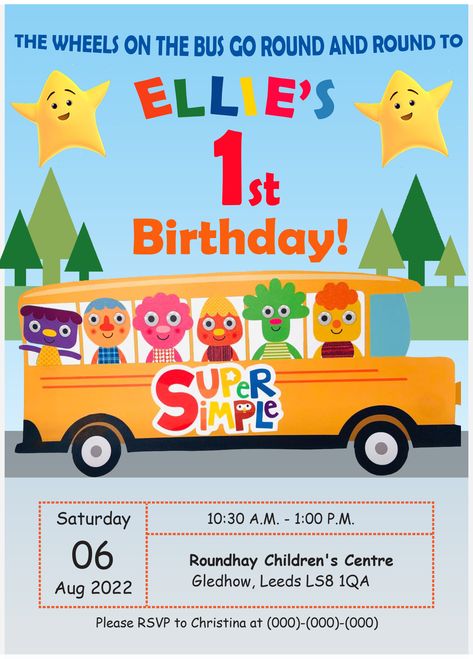 School Bus Party, Simple Songs, Super Simple Songs, Simple Birthday Party, Baby Birthday Decorations, 2nd Birthday Party Themes, Diy Birthday Decorations, Monster Birthday, Simple Invitation