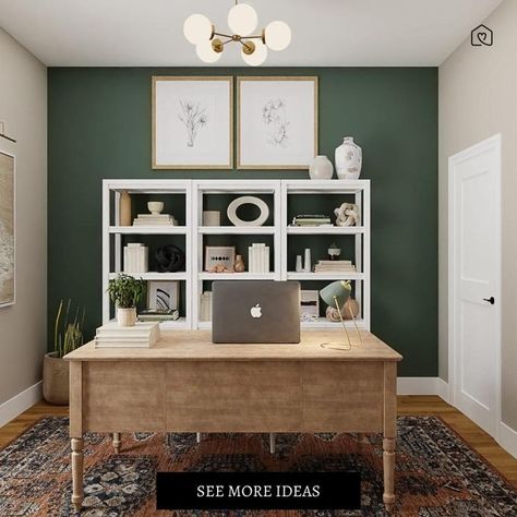 Office Dark Green Walls, Home Office Decor Green Walls, Feminine Home Offices Green, Green Bedroom Office Ideas, Deep Green Office Walls, Painting Home Office Walls Ideas, Hunter Green Office Decor, Green White Gold Office, Safe Green Office