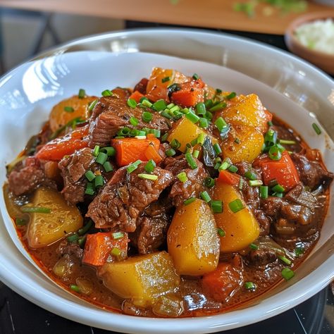 🍲 Savor the rich and bold flavors of Kalderetang Kambing! A hearty goat stew! 🐐 #KalderetangKambing #FilipinoCuisine Kalderetang Kambing (Goat Meat Stew) Ingredients: Goat meat (1 kg, cubed) Potatoes (2, cubed) Carrots (2, sliced) Bell peppers (1, sliced) Tomato sauce (1 cup) Liver spread (1/2 cup) Soy sauce (1/4 cup) Garlic (4 cloves, minced) Onion (1, chopped) Bay leaves (2) Salt and pepper (to taste) Olive oil (3 tbsp) Instructions: Marinate goat meat in soy sauce, garlic, and pepper f... Kalderetang Kambing, Goat Stew, Soy Sauce Garlic, Meat Stew, Goat Meat, Cubed Potatoes, Food Babe, Trending Recipes, Minced Onion