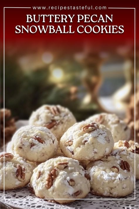 These delightful Buttery Pecan Snowball Cookies are melt-in-your-mouth treats perfect for holiday gatherings or cozy evenings. Coated in powdered sugar, they offer a rich, nutty flavor that's sure to please everyone! Butter Pecan Snowball Cookies Recipe, Buttery Snowball Cookies, Buttery Pecan Snowballs, Butter Pecan Snowballs, White Snowball Cookies, Christmas Cookies Powdered Sugar, Chocolate Kiss Snowball Cookies, Buttery Pecan Snowball Cookies Recipe, Pecan Snowball Cookies Christmas