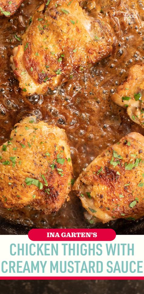 Recipe of the Day: Ina Garten's Chicken Thighs with Creamy Mustard Sauce 🥘 This simple chicken dish is bursting with flavor. Giving the chicken plenty of time to cook without turning lets the skin turn golden brown. Then, after resting, the juices are added back to the simple, creamy mustard sauce. Get the recipe with the link in our bio! Ina Garten Mustard Chicken Thighs, Chicken Thighs With Creamy Mustard Sauce, Ina Garten Chicken, Mustard Sauce Recipe, Mustard Chicken Thighs, Creamy Mustard Sauce, Crispy Chicken Thighs, Chicken Dishes Easy, Simple Chicken