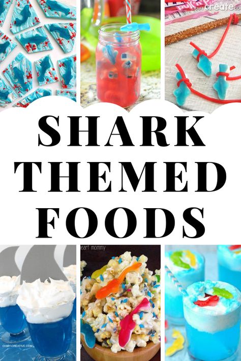 You will love these shark themed food ideas for your shark party! Shark Birthday Party Snacks, Sharkweek Party Food, Shark Party Desserts, Shark Week Dessert Ideas, Shark Dinner Ideas, Shark Week Breakfast, Shark Shaped Food, Shark Inspired Food, Shark Birthday Food Ideas