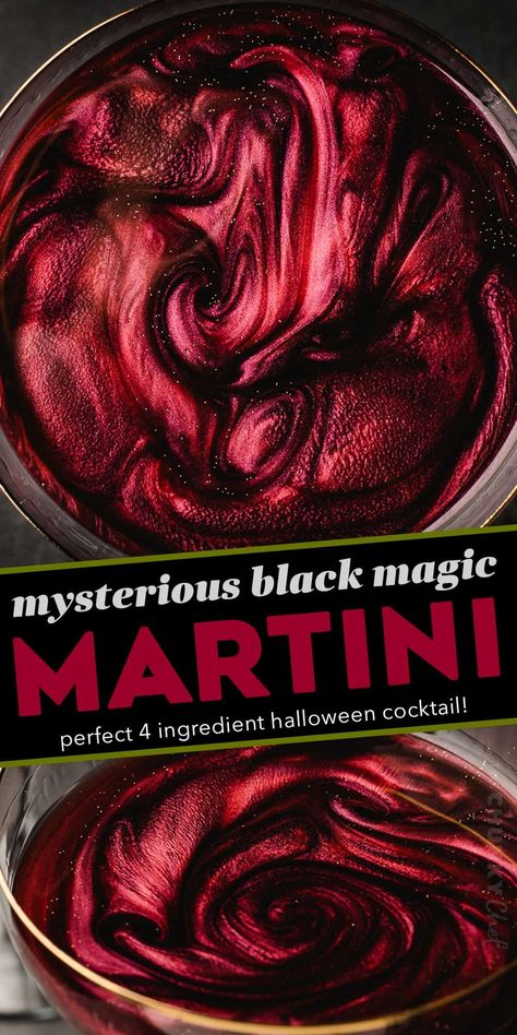 This spooky and mysterious black magic martini is made with just 4 ingredients (including optional garnishes) and is absolutely perfect for Halloween! Stir in edible luster dust to give your vodka martini eerie and mystical swirls! Cute Halloween Cocktails, Black Vodka Halloween Drinks, Black Cocktails Easy, Cool Halloween Drinks, 90s Alcoholic Drinks, Masquerade Drinks Cocktails, Black Cocktails For Halloween, Spooky Adult Drinks, Halloween Drink Garnish