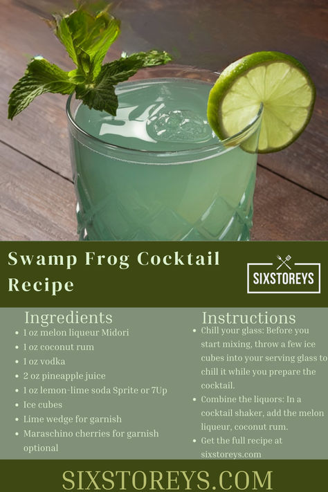 Swamp Frog Cocktail Recipe Shrek Cocktails, Frog Cocktail, Frogs Breath, Swamp Frog, Shrek Party, Swamp Water, Melon Liqueur, Party Vibe, Themed Dinner