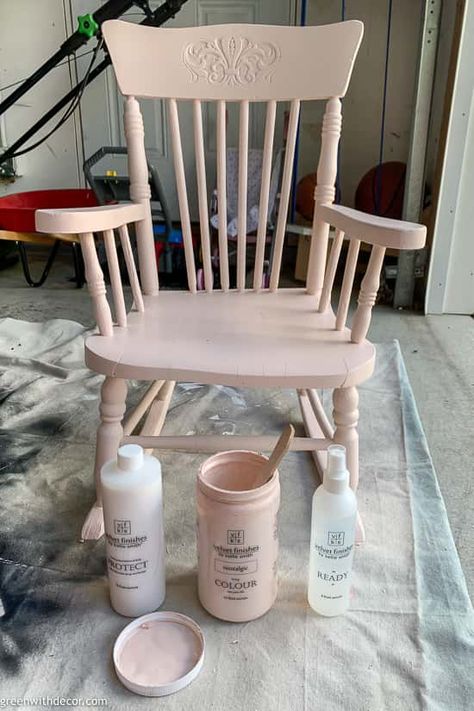 A great tutorial for how to paint a chair. Love the prep spray + seal with this paint - so easy to use! This rocking chair is just the sweetest shade of pink now - perfect for a girls' nursery, little girls' bedroom or playroom! Love it! #greenwithdecor #diy #velvetfinishes #paint Painted Wood Rocking Chair, How To Paint A Rocking Chair, Painted Rocking Chair Ideas Nursery, Kids Wooden Rocking Chair, Painted Wooden Rocking Chair, Antique Rocking Chair Makeover, Upcycle Rocking Chair, Wooden Rocking Chair Nursery, Kids Rocking Chair Makeover