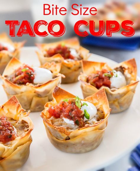 Mini Tamales Appetizers, Taco Cups With Tortillas Muffin Tins, Mexican Themed Appetizers, Taco Cups Wonton, Mexican Appetizers Finger Foods, Taco Snacks, Taco Cup, Cup Appetizers, Game Night Food