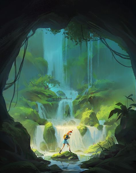 Waterfall Drawing, Environment Painting, Scenery Background, Landscape Concept, Forest Illustration, Background Drawing, Book Illustration Art, Creative Artwork, Landscape Drawings