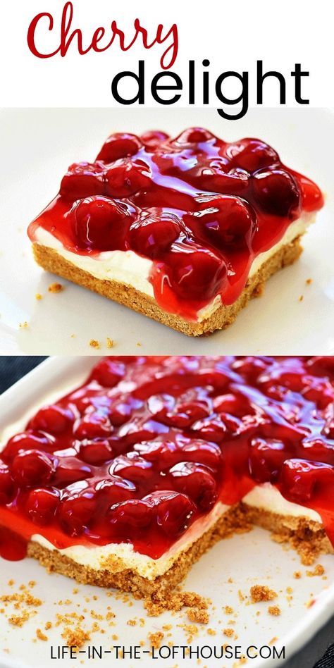 Cherry Desert With Graham Cracker Crust, Cherry Cream Cheese Bars Recipe, Cherry Desserts Cream Cheese, Cheery Cheesecake Recipes, Cherry Cheesecake Delight, Cherry Cream Cheese Bars, Cherry Delight Dessert Cream Cheeses, Fruit Desserts Recipes, Desserts With Cherries