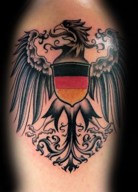 Mens Arm German Eagle Tattoo Inspiration German Eagle Tattoo, Germany Tattoo, German Tattoo, Crest Tattoo, Common Tattoos, German Eagle, Marquesan Tattoos, Mens Shoulder Tattoo, Warrior Tattoos