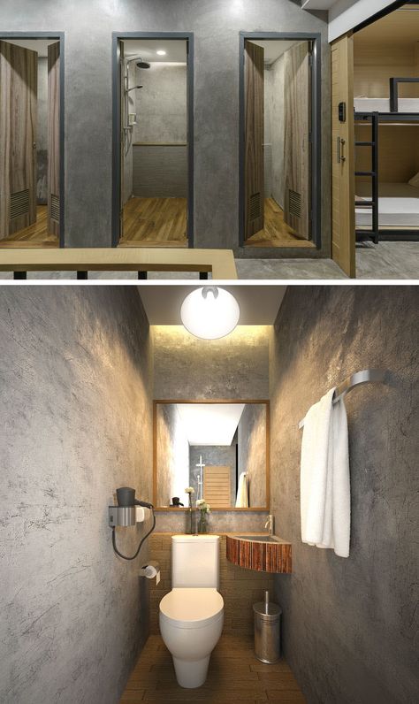 The bathrooms in this modern hostel, can be found on each floor and they are minimal in their design, with wood doors and concrete walls. Hostel Bathrooms Design, Bathroom Doors Modern, Southwest Illustration, Wood Door Design, Hostel Design, Hostels Design, Dinner Desserts, Hostel Room, Accessories Logo