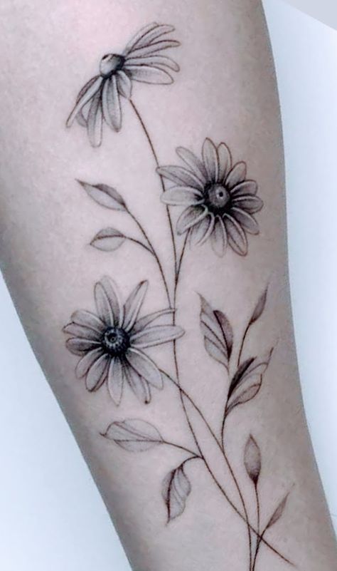 Daisy Floral Tattoo Design, Daisy And Dandelion Tattoo, Daisy Leg Tattoos For Women, Wildflower Sleeve Tattoos For Women, Daisy And Wildflower Tattoo, Poppy And Daisy Flower Tattoo, Daisy Tattoo Thigh, Daisy Arm Tattoos For Women, Daisy Tattoo Flower