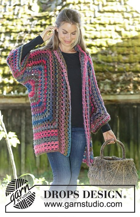 Granny Glam / DROPS 196-33 - Free crochet pattern Crochet Kimono Pattern, Crocheted Cardigan, Crochet Jacket Pattern, Crochet Kimono, Gilet Crochet, Mode Crochet, Crochet Hexagon, Kimono Pattern, Crochet Coat