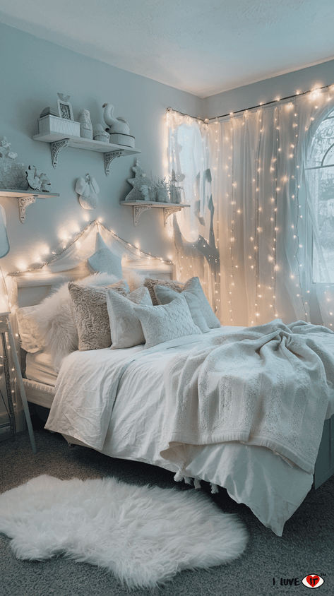 12 After-Christmas Bedroom Winter Decor Ideas for a Cozy Retreat - I Luve It Winter Decorations Bedroom, Winter Wonderland Bedroom Ideas, Winter Bedding Cozy Bedroom, Cozy Winter Bedroom Ideas, Winter Wonderland Bedroom, Bedroom Winter Decor, White Fluffy Bedding, Wonderland Bedroom, Winter Bedroom Decor