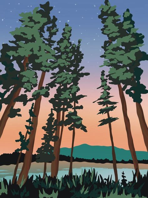 Art print designed by Boreas Design Shop. Tags: Pine Trees Camp Illustration Wall Art Mountains Sunset Stars Adirondacks Lake Souvenir Keepsake Granold Girl Poster Print Nature Camp Illustration, Fire Tower, Mountain Mural, Art Mountains, Mountains Sunset, Mountain Artwork, Saranac Lake, Mountain Quilts, Mountain Illustration