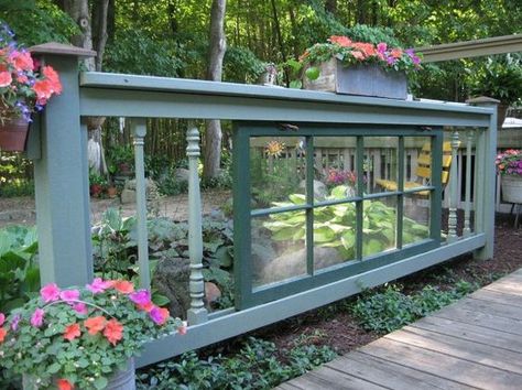 old window in garden spindle fence via Hometalk on Remodelaholic Outdoor Window Decor, Window Projects, Privacy Fences, Outdoor Accents, Old Windows, Cottage House, Magical Garden, Deck Railings, Plants And Flowers