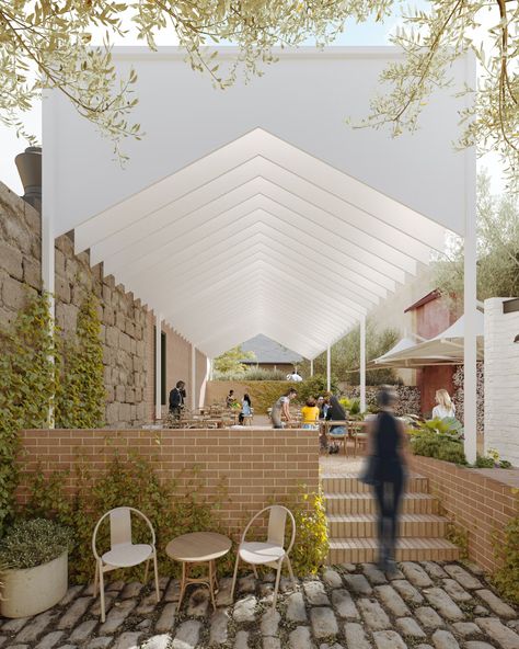 Dining Hall, The Rocks // Carter Williamson Architects - Architizer Journal Outdoor Dining Room, Canopy Design, Urban Furniture, Dining Hall, Shade Structure, Facade Architecture, Roof Design, Cafe Design, Walkway