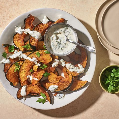 Roasted Acorn Squash Wedges with Garlic-Herb Sauce - Food Heaven Made Easy Acorn Squash Burrata, Squash Ideas, Autumn Favorites, Roasted Acorn Squash, Fall Appetizers, Herb Sauce, America's Test Kitchen Recipes, Fall Foods, Roasted Squash