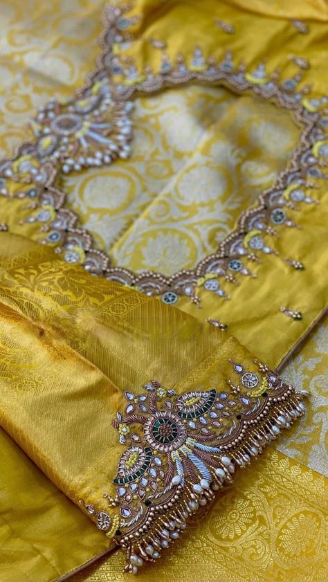 Here Are The Latest Designs For Bridal Blouses With Maggam Work. The Maggam Work With Kundan, Thread And Spring Can Be Customised Along With The Cloth Color You Want To Choose. Having These Kind Of Maggam Work Blouses Is Very Trendy For Traditional Gatherings And Poojas.  This Enhances The Beauty Of Any Saree When This Is Teamed Up With Different Kind Of Maggam Designs. The Combination Of Aari And Zardosi Works Make This Maggam Designs Look Very Elegant And Beautiful. We Customize The Blouse As Per Your Measurements And The Preferred Colours. You Just Have To Share The Saree Colour And We Will Take Care Of Everything. Disclaimer: Colour May Slightly Vary Due To Photography Effects And Screen Resolution. We Do Our Best To Reach Your Expectation As We Understand The Pulse Of Our Customers. Designer Aari Work Blouse, Blouse Design Latest Work, Handmade Blouse Design, Trendy Maggam Work Designs, Silk Saree Bridal Blouse Designs, Silver And Gold Aari Work Blouse, Blouse Working Design, Blouse Work Designs For Silk Sarees, Back Blouse Embroidery Design