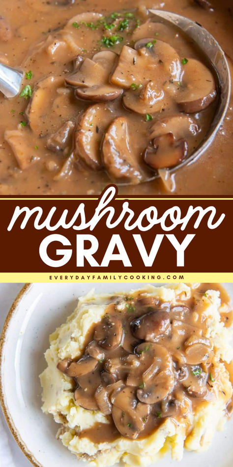 This mushroom gravy makes any meal rich and comforting. From weeknight dinners to Thanksgiving, it's a hit every time! Pioneer Woman Mushroom Gravy, Dairy Free Mushroom Gravy, Dinner Ideas Mashed Potatoes, Quick Mushroom Gravy, Shiitake Mushroom Gravy, Mushroom Thanksgiving Recipes, Mushroom Gravy Sauce, Mushroom Sauce Recipe Easy, Thanksgiving Mushroom Recipes