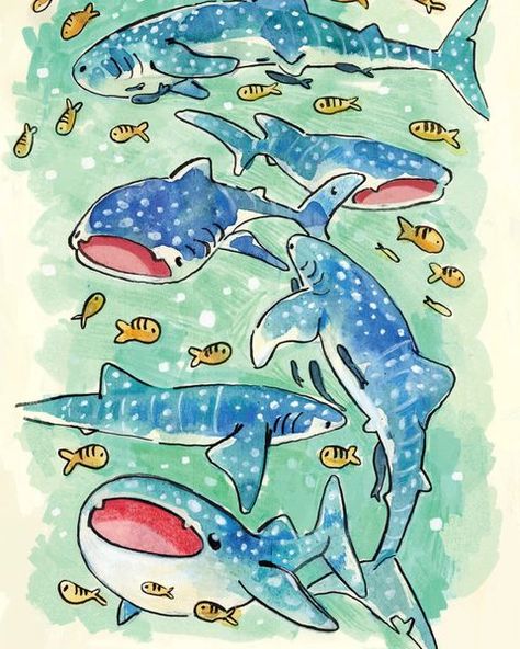 Marine Animal Art, Watercolor Art Doodles, Jelarts Drawings, Aquatic Life Drawing, Ocean Art Aesthetic, Sea Creatures Sketch, Cute Shark Art, Cozy Animals, Funky Illustrations