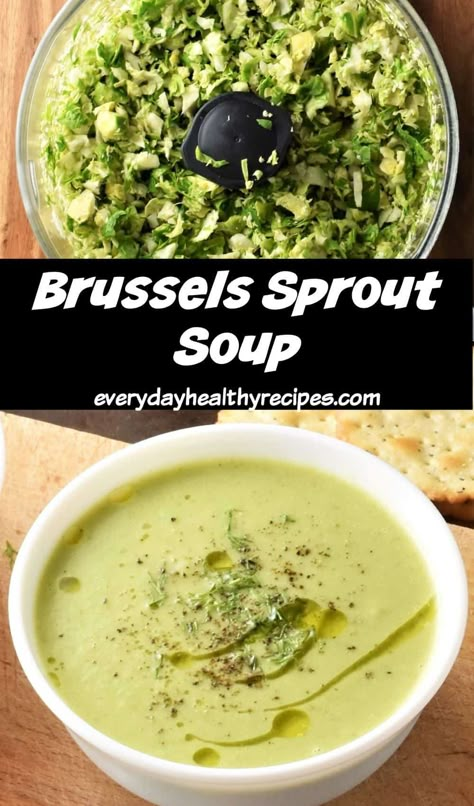 This brussels sprout soup is delicious, nutritious and ready in just 15 minutes! Despite its simplicity (of ingredients as well as cooking method) this soup is full of flavour, which is quite different from the flavour of traditionally cooked sprouts. This soup will make you see brussels sprouts in a completely new light! #brusselssprouts #creamysoup #wintersoup #brusselsproutsoup #everydayhealthyrecipes Brussel Sprout Recipes Soup, Brussel Sprouts In Soup, Sprout Soup Recipe, Cream Of Brussel Sprout Soup, Brussel Sprouts Soup Recipe, Brussel Sprout Soup Recipes, Brussels Sprout Soup Recipe, Brussel Sprouts Soup, Brussels Sprouts Soup