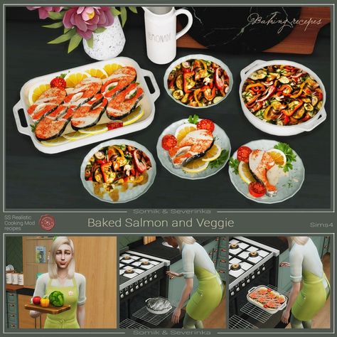 Somik and Severinka | creating Mods for Sims 4 | Patreon Sims 4 Skills, Vegetables In The Oven, Salmon And Vegetables, Sims 4 Restaurant, Salmon Vegetables, Mods Sims 4, Oven Vegetables, Sims 4 Kitchen, Healty Dinner