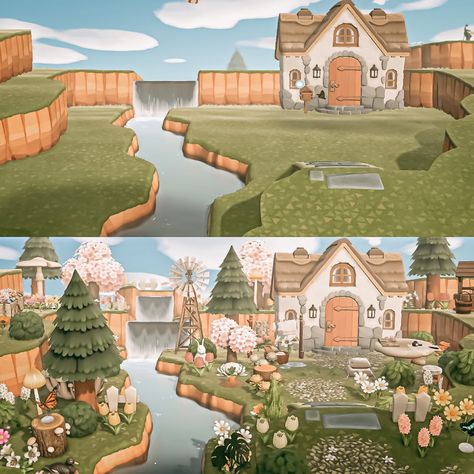 Villager House Inspo Acnh, Animal Crossing Villager House Layout Cottagecore, Anch Island Build Ideas, Village Ideas Animal Crossing, Acnh Neighbor Yard Ideas, Animal Crossing Cottagecore Layout, Acnh Villager House Ideas Outside, Town Ideas Acnh, Acnh Villager Neighborhood Ideas