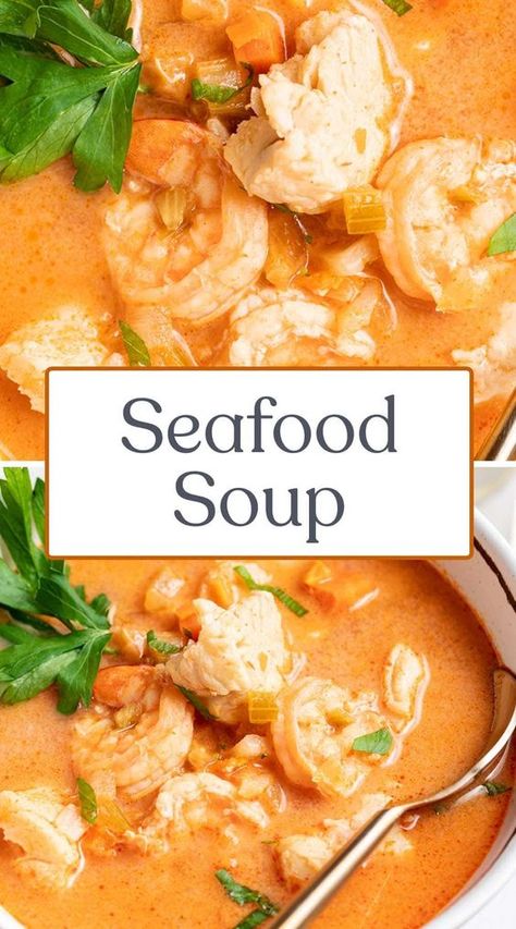 This bright and creamy seafood soup comes together in just a few easy steps! It's a light, yet hearty stew full of flaky fish and tender shrimp. Throw together this simple meal when you're craving something cozy, fresh, and satisfying! Shrimp Soup Recipes, Bisque Soup Recipes, Seafood Stew Recipes, Seafood Soup Recipes, Creamy Seafood, 40 Aprons, Chowder Recipes Seafood, Hearty Stew, Food Seafood