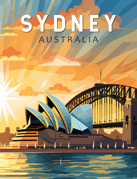 Vintage-style poster showcasing the iconic landmarks of Sydney, Australia, perfect for adding a touch of nostalgia to your decor. Travel Poster Illustration, Australia Painting, Australia Illustration, Vintage Travel Poster, Australia Poster, Retro Poster Design, Travel Poster, Vintage Travel Posters Art Deco, Retro Tourism Poster