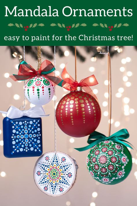 Learn how to make unique dot mandala ornaments for your Christmas tree! Making the patterns is easier than you think. These are so pretty! Dot Mandalas Pattern, Christmas Ornament Dot Art, Mandala Ornaments Diy, Christmas Dotting Art, Mandala Christmas Ornaments Diy, Dot Mandala Christmas Ornaments, Dot Painted Christmas Ornaments, Dot Art Ornaments, Dot Christmas Ornaments