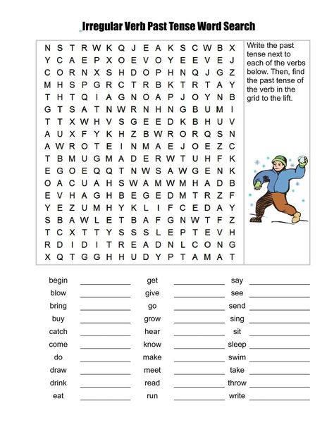 Irregular Verb Past Tense Word Search Write the past tense next to each of the verbs below. Then, find the past tense of the verb in the grid to the lift. begin get say blow give see bring go send buy grow sing catch hear sit come know... Past Worksheets, Simple Word Search, Simple Past Tense Worksheet, Past Tense Worksheet, Verb Words, Irregular Past Tense Verbs, Irregular Past Tense, Simple Past, Simple Past Tense