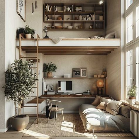 21+ Small Loft Bedroom Ideas That Make Every Inch Count • 333+ Images • [ArtFacade] Small Apartment With Loft, Small Loft Bed Ideas, Mezzanine Bedroom Small Loft Ideas, Small Room High Ceiling, Loft Bedroom Ideas For Small Rooms, Loft Bed Living Room, Studio Apartment Loft Bed, Small Loft Interior, Small Loft Office