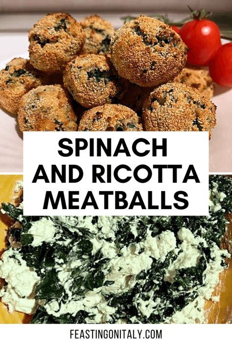 This is a pin image of Spinach and Ricotta Meatballs with tomatoes in the background and a spinach and ricotta mixture. The text reads "Spinach and Ricotta Meatballs." Spinach And Ricotta Balls Recipes, Ricotta Spinach Balls, Spinach Ricotta Meatballs, Spinach And Ricotta Balls, Ricotta Balls Recipe, Meatballs Ricotta, Meatballs Vegetarian, Recipe Ricotta, Baked Ziti With Ricotta