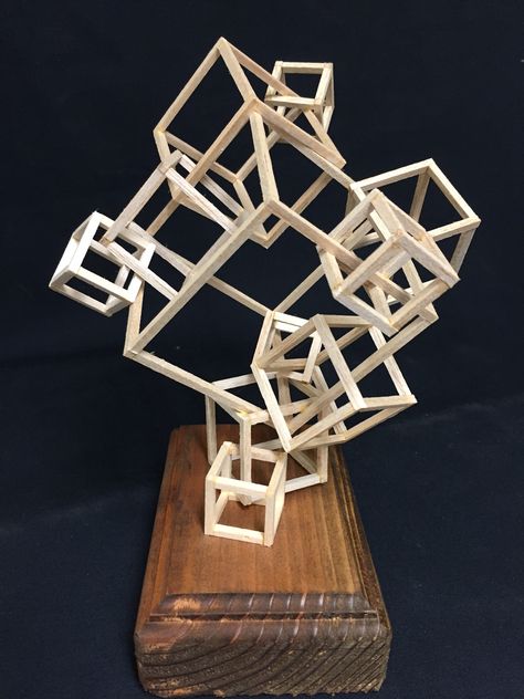 Interlocking Cube Design. Space and Delineated Spaces. Balsa wood and wood glue.(demo)Mark Plettinck Balsa Wood Sculpture, Balsa Wood Models, Interlocking Design, Concept Models Architecture, Antony Gormley, Geometric Sculpture, Sculpture Projects, Balsa Wood, Cube Design