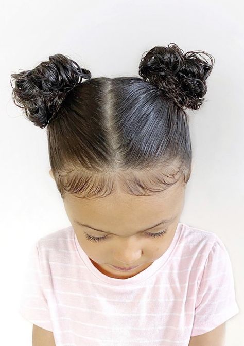 Kids Space Buns, Toddler Space Buns, Space Buns For Kids, Pigtail Hairstyles For Kids, 2 Buns Hairstyle, Space Buns Tutorial, Gymnastics Hairstyles, Lola Hair