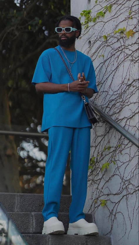 Blue Outfits Men Aesthetic, Blue Outfit Inspo Men, Boohoo Outfits Men, Male Outfit Ideas Aesthetic, All Blue Outfit Men, Mens Blue Outfit, Drippy Fits Men, Blue Outfit Aesthetic Men, Mens Drippy Outfits