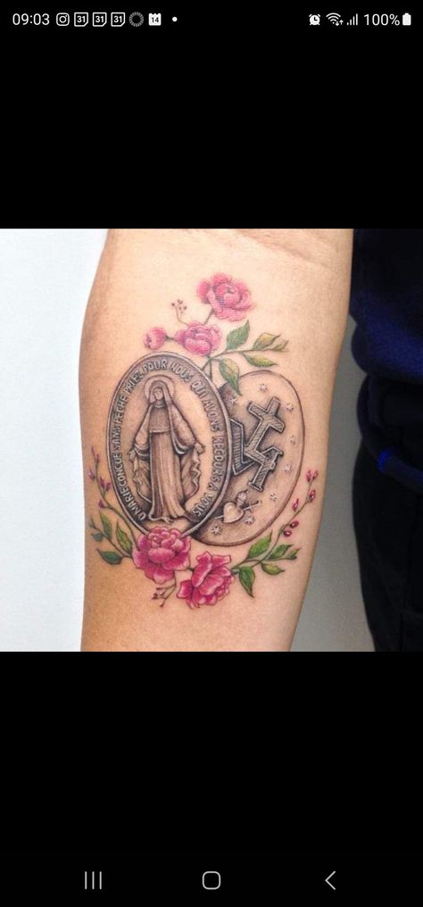 Miraculous Mary Tattoo, Italian Heritage Tattoo, Miraculous Medal Tattoo, Blessed Mother Tattoo, Mary Tattoos Catholic, Small Catholic Tattoos, Mary Tattoos, Mother Mary Tattoos, Mother Tattoo