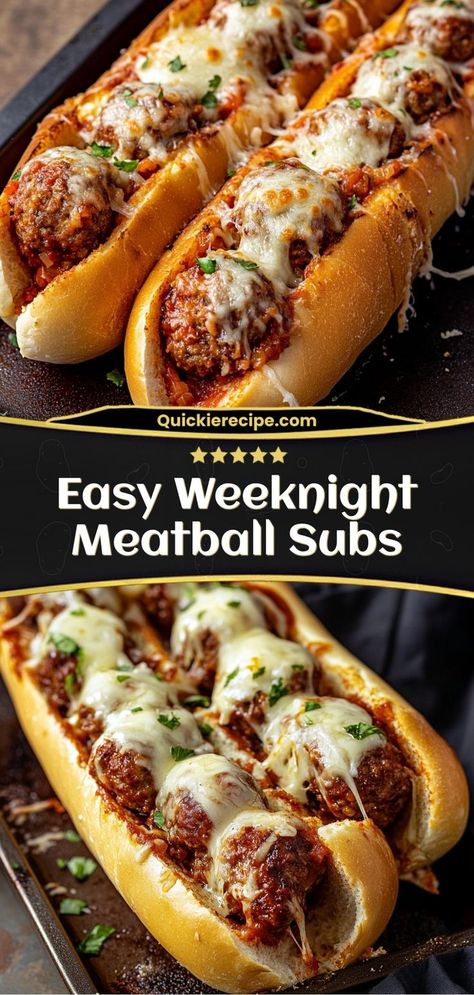 These Easy Weeknight Meatball Subs feature tender meatballs, marinara sauce, and melted cheese stuffed into crusty rolls. Quick, delicious, and family-friendly! Ingredients: 1 lb meatballs (homemade or pre-made) 2 cups marinara sauce 4 hoagie rolls 1 cup shredded mozzarella A simple, satisfying sub perfect for any night of the week Hoagie Roll Recipe, Meatballs Homemade, Meatball Hoagie, Meatballs Marinara, Meatball Sandwich Recipes, Meatball Sub Sandwiches, Meatball Sub Recipe, Meatball Marinara, Crusty Rolls